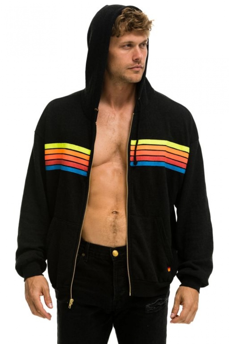 Sudadera con Capucha Aviator Nation 5 Stripe Relaxed Zip Hombre Black / Multicolor | 62HUBFSGY