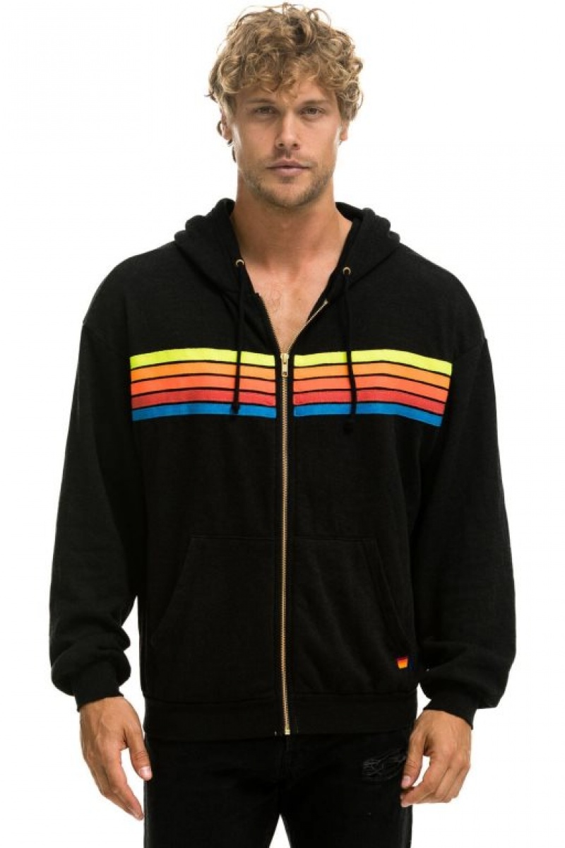 Sudadera con Capucha Aviator Nation 5 Stripe Relaxed Zip Hombre Black / Multicolor | 62HUBFSGY
