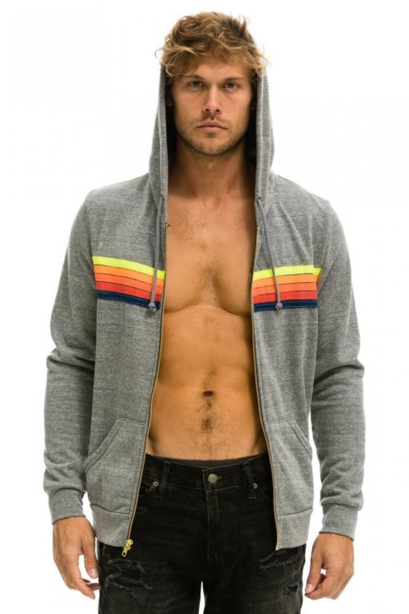 Sudadera con Capucha Aviator Nation 5 Stripe Hombre Grey / Multicolor Blue | 62TYFGHQL