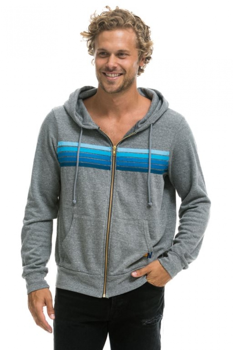 Sudadera con Capucha Aviator Nation 5 Stripe Hombre Grey / Blue | 62VFWKBGZ