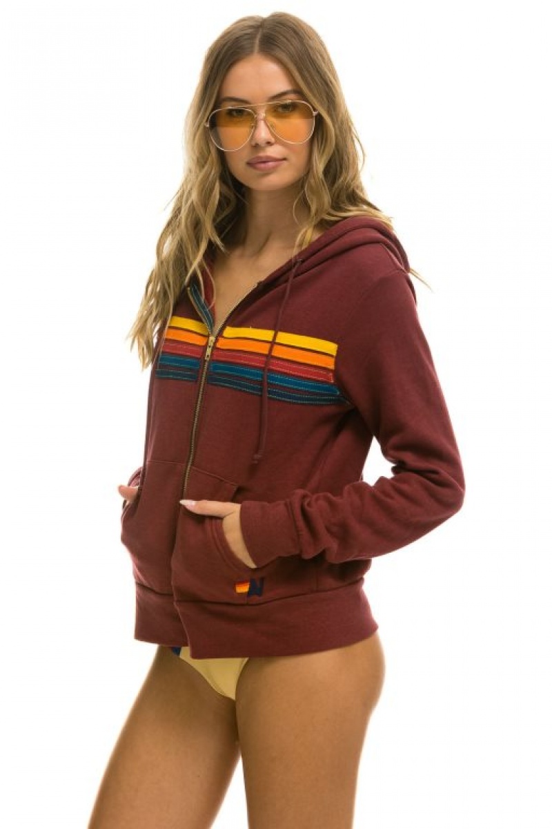 Sudadera con Capucha Aviator Nation 5 Stripe Mujer Claret | 01UKXTCVR