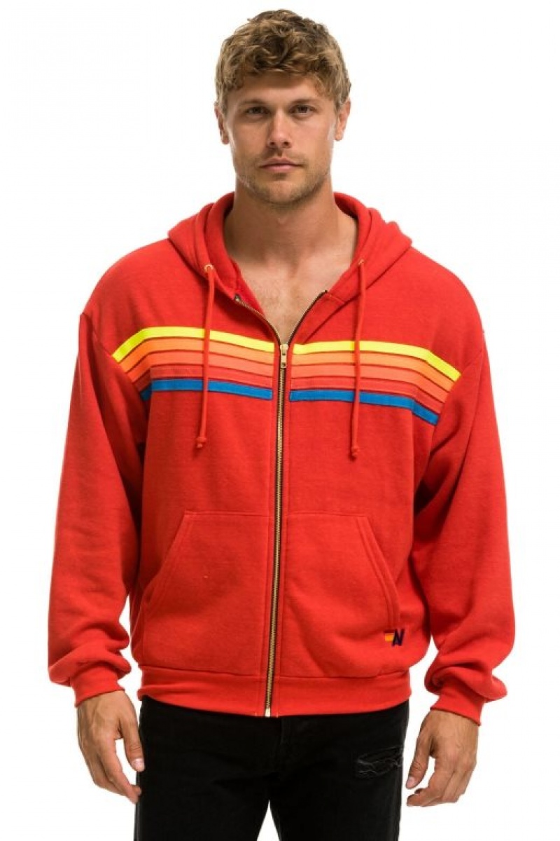 Sudadera con Capucha Aviator Nation 5 Stripe Relaxed Zip Mujer Red / Multicolor | 03QLSGPHD
