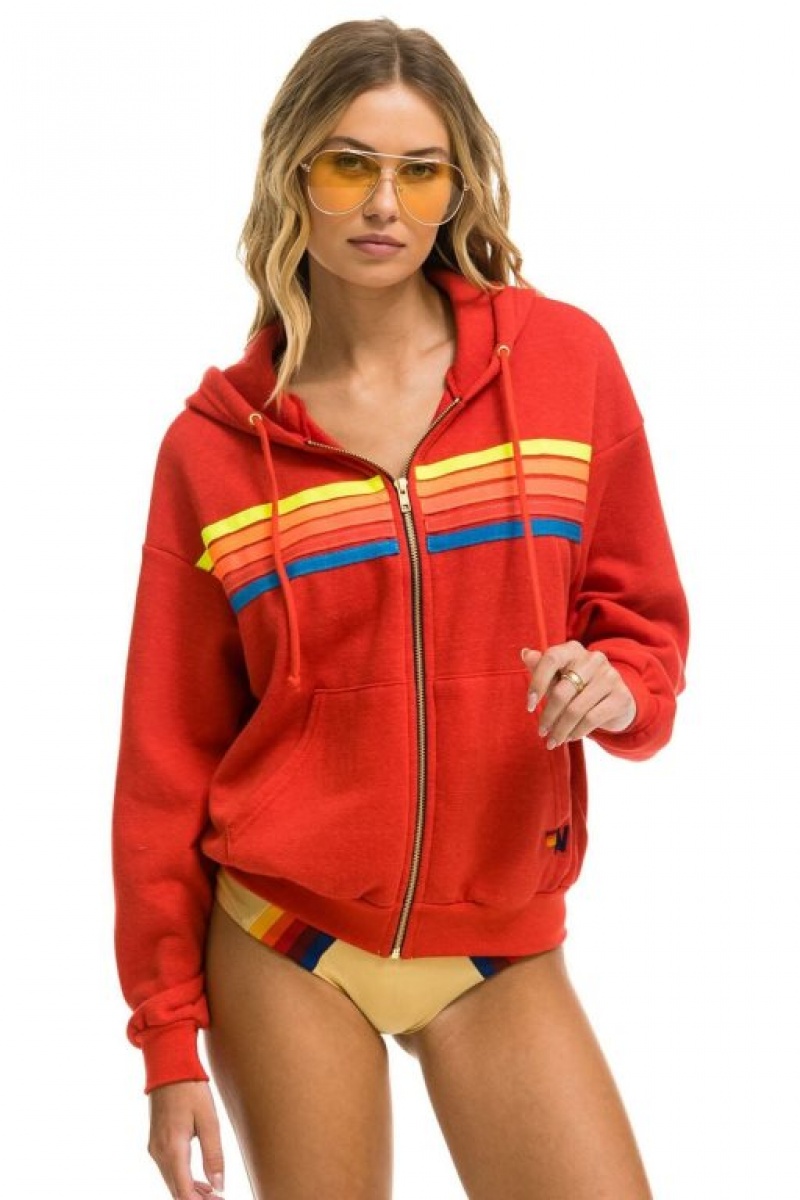Sudadera con Capucha Aviator Nation 5 Stripe Relaxed Zip Mujer Red / Multicolor | 03QLSGPHD