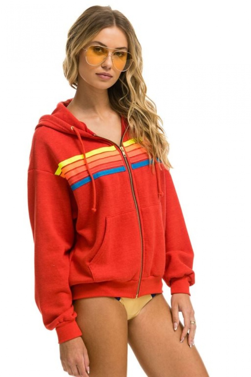 Sudadera con Capucha Aviator Nation 5 Stripe Relaxed Zip Mujer Red / Multicolor | 03QLSGPHD