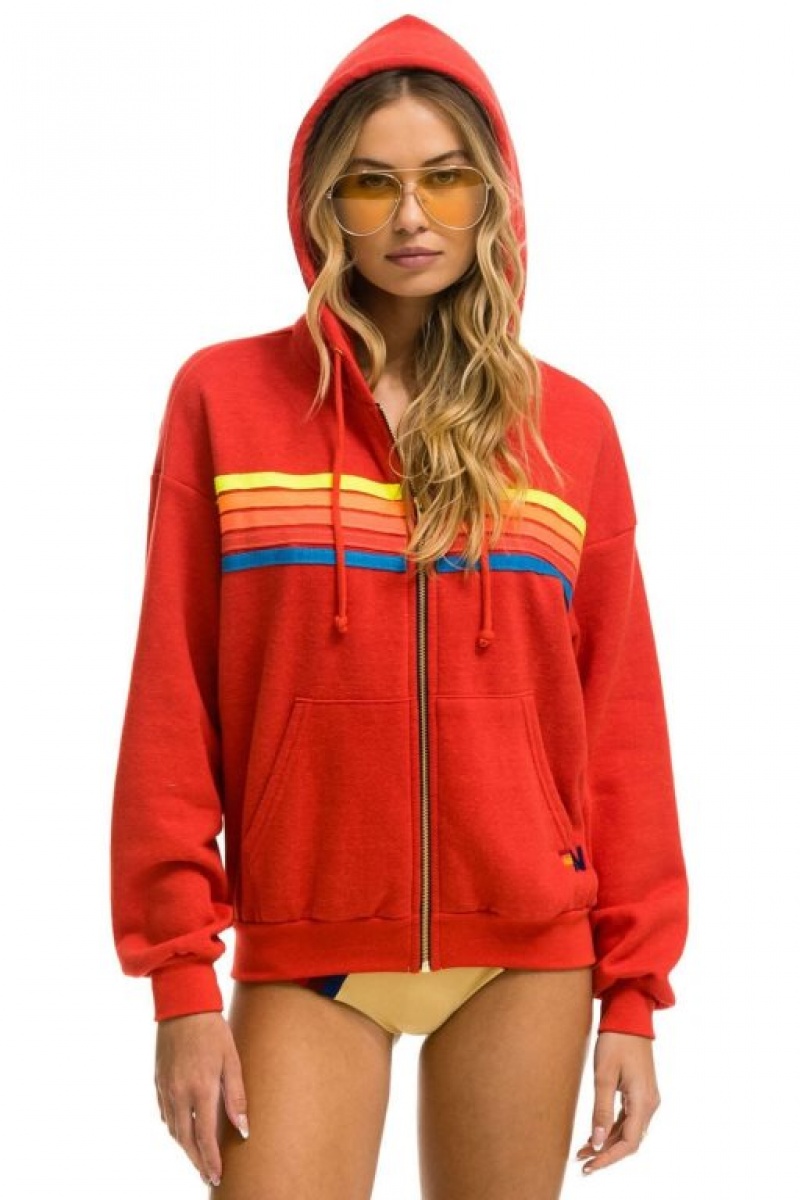 Sudadera con Capucha Aviator Nation 5 Stripe Relaxed Zip Mujer Red / Multicolor | 03QLSGPHD