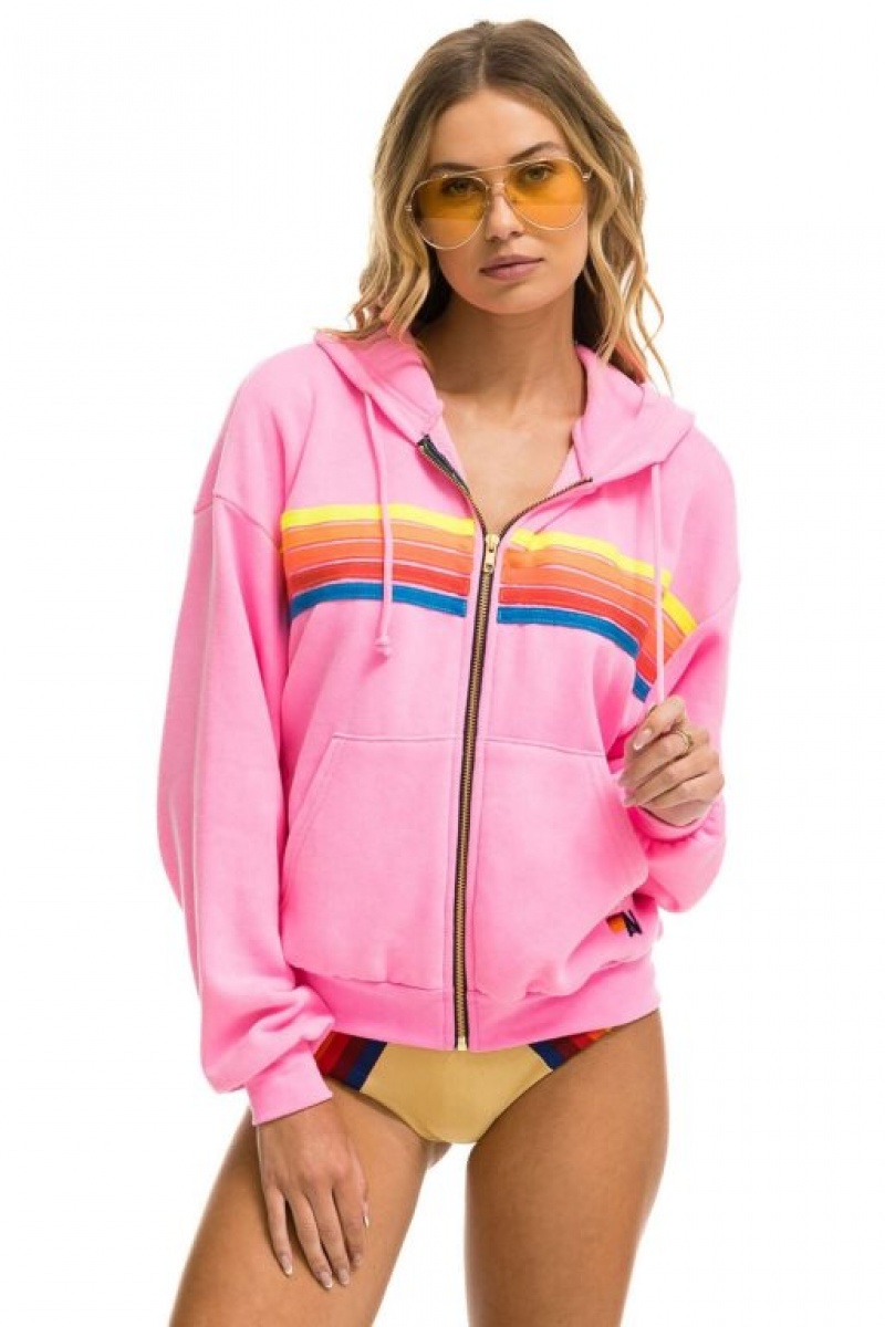 Sudadera con Capucha Aviator Nation 5 Stripe Relaxed Zip Mujer Pink / Multicolor | 03SFKXAER