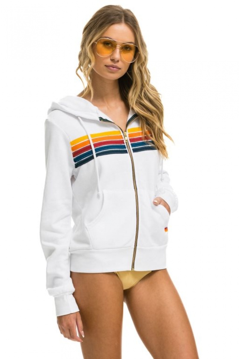 Sudadera con Capucha Aviator Nation 5 Stripe Mujer White | 03TMRZSOE