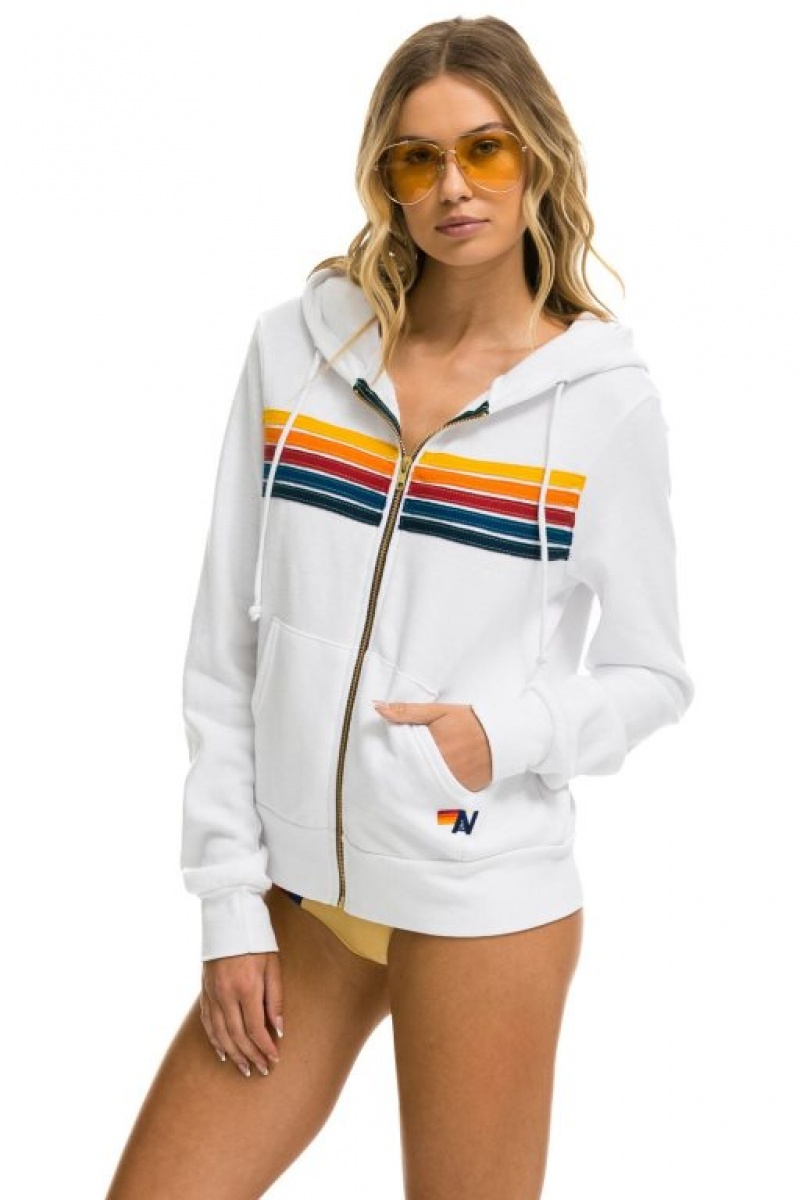 Sudadera con Capucha Aviator Nation 5 Stripe Mujer White | 03TMRZSOE