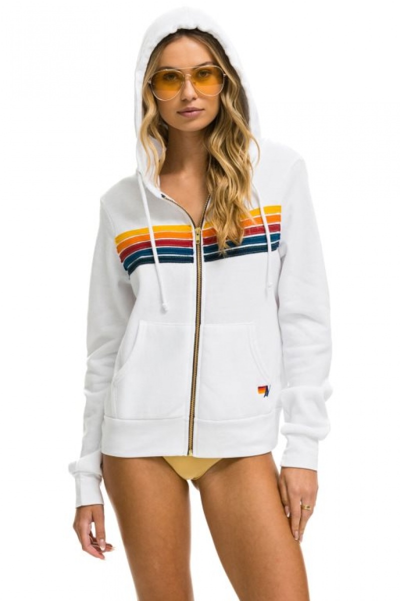 Sudadera con Capucha Aviator Nation 5 Stripe Mujer White | 03TMRZSOE
