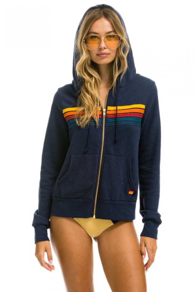 Sudadera con Capucha Aviator Nation 5 Stripe Mujer Navy | 04LYRCPBE