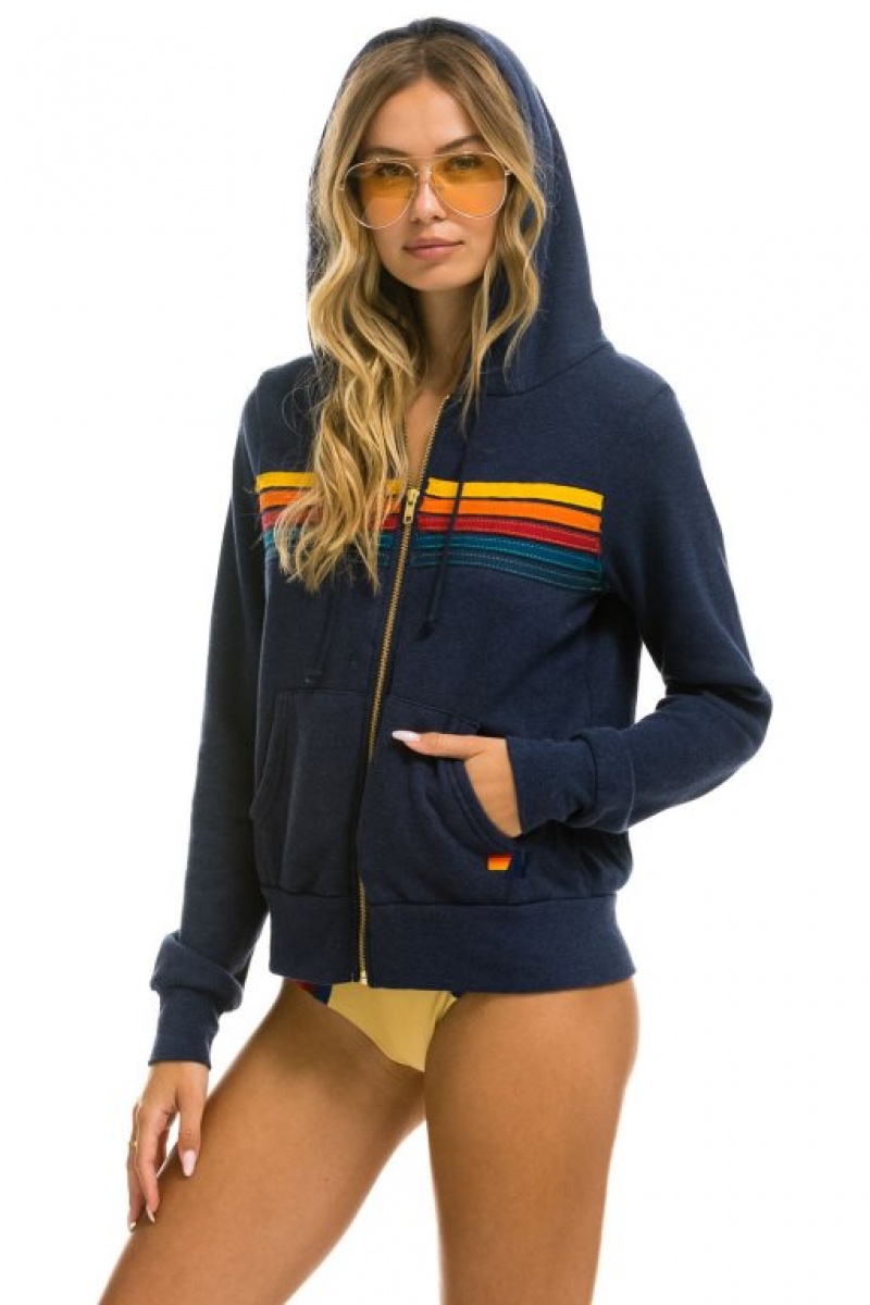 Sudadera con Capucha Aviator Nation 5 Stripe Mujer Navy | 04LYRCPBE