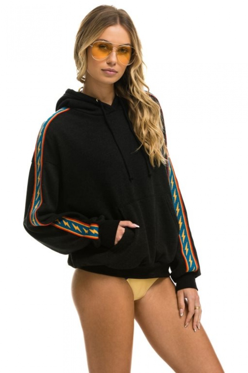 Sudadera con Capucha Aviator Nation Bolt Stripe Relaxed Pullover Mujer Black | 06EGRKWMU
