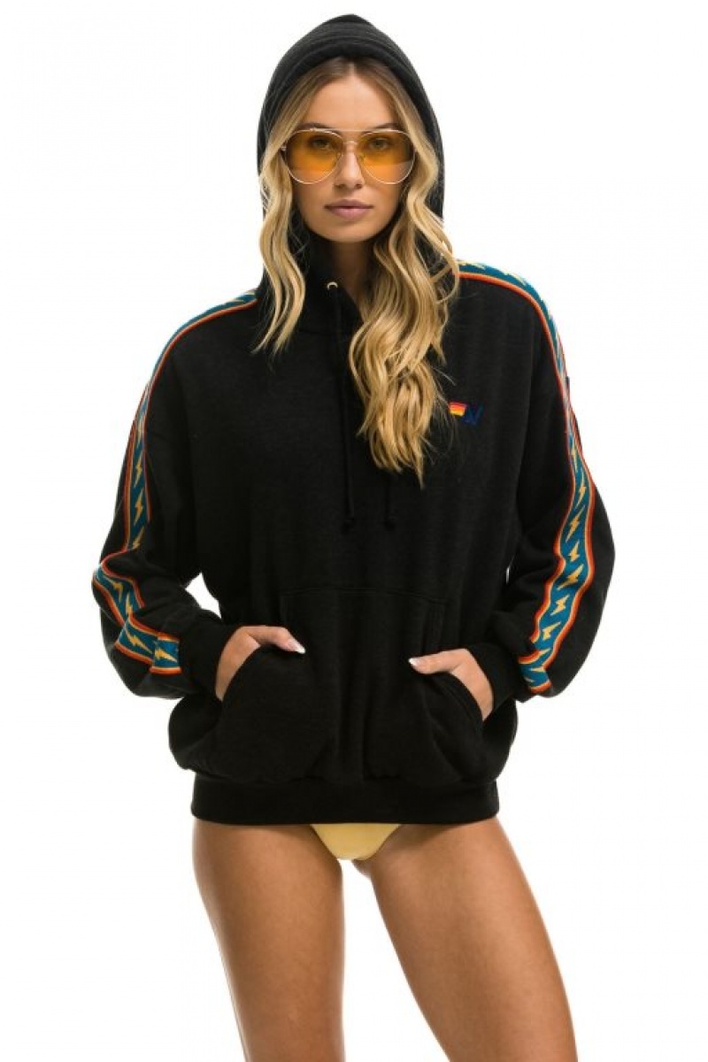 Sudadera con Capucha Aviator Nation Bolt Stripe Relaxed Pullover Mujer Black | 06EGRKWMU