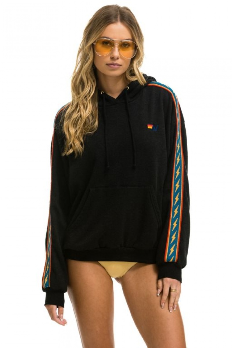 Sudadera con Capucha Aviator Nation Bolt Stripe Relaxed Pullover Mujer Black | 06EGRKWMU