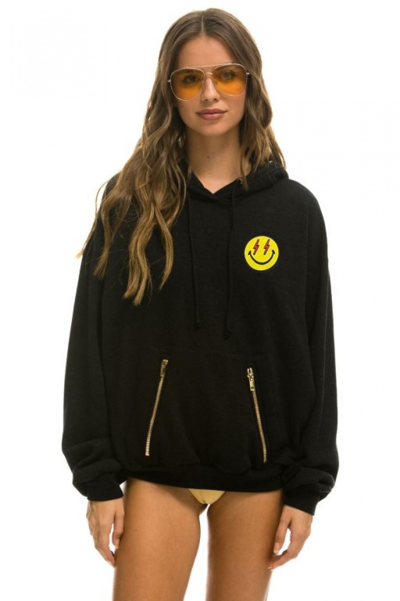 Sudadera con Capucha Aviator Nation Bolt Smiley Embroidery Relaxed Pullover Mujer Black | 06JIPZFXB