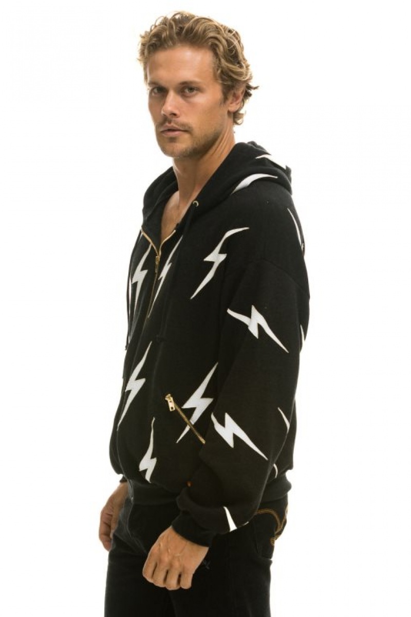 Sudadera con Capucha Aviator Nation Bolt Stitch Repeat Relaxed Zip With Pocket Zippers Hombre Black / White | 60EBIVNSP