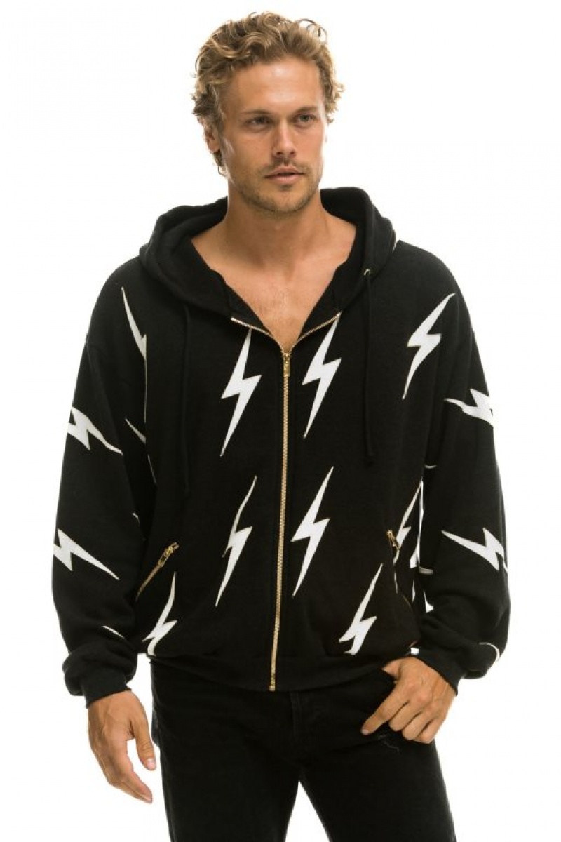 Sudadera con Capucha Aviator Nation Bolt Stitch Repeat Relaxed Zip With Pocket Zippers Hombre Black / White | 60EBIVNSP