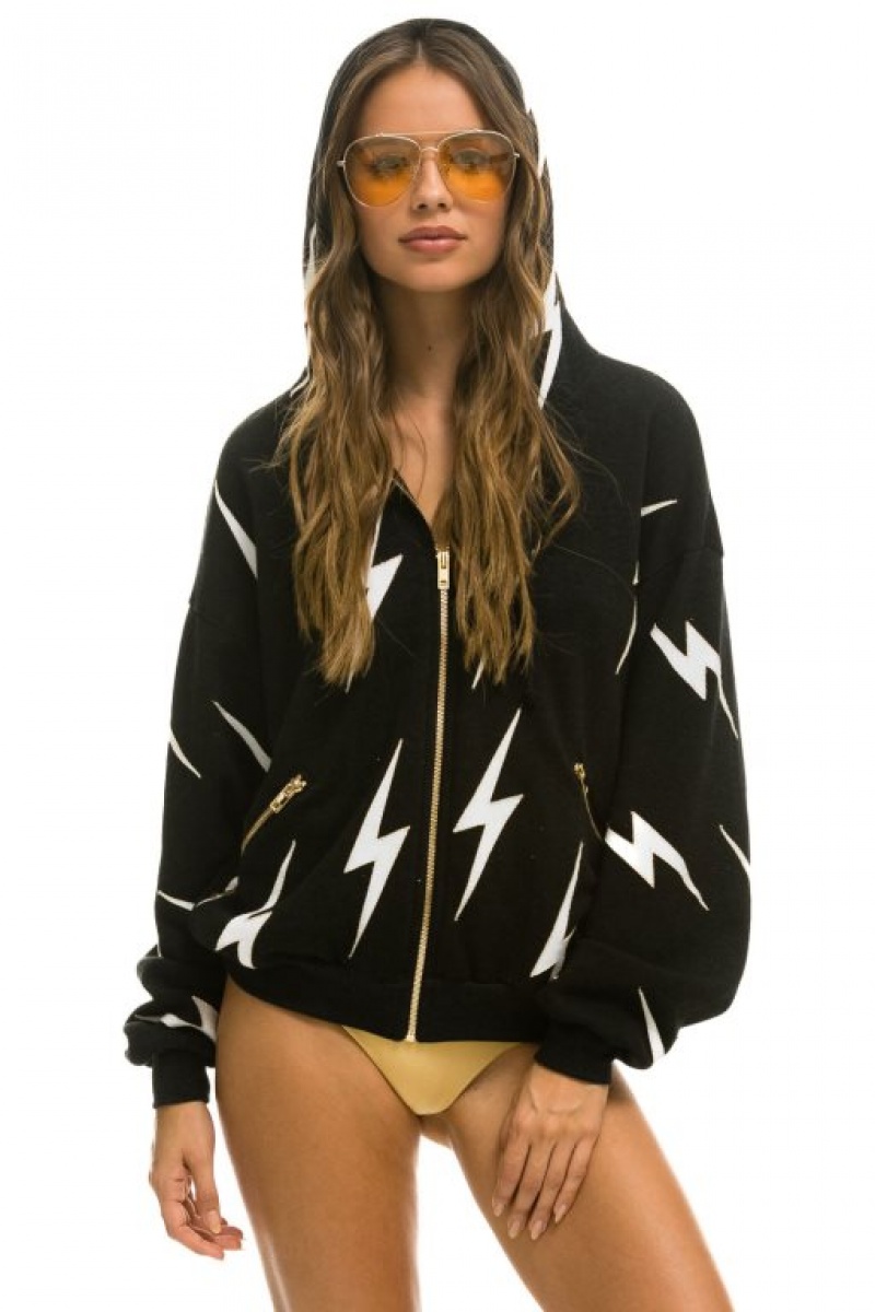 Sudadera con Capucha Aviator Nation Bolt Stitch Repeat Relaxed Zip With Pocket Zippers Hombre Black / White | 60EBIVNSP