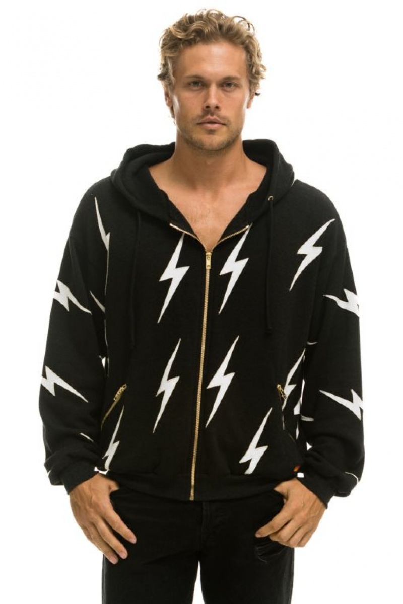 Sudadera con Capucha Aviator Nation Bolt Stitch Repeat Relaxed Zip With Pocket Zippers Hombre Black / White | 60EBIVNSP