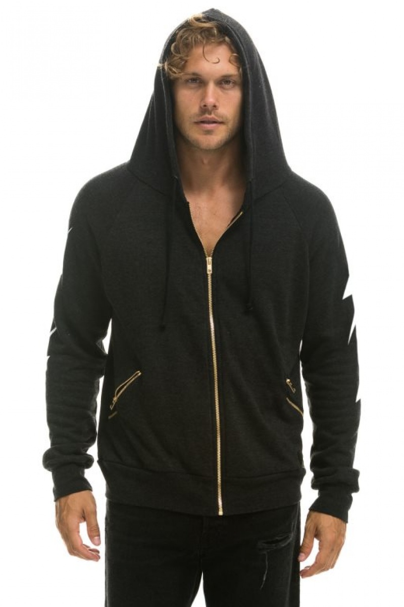 Sudadera con Capucha Aviator Nation Bolt 4 Zip Relaxed With Pockets Hombre Black | 60NXRGPOS