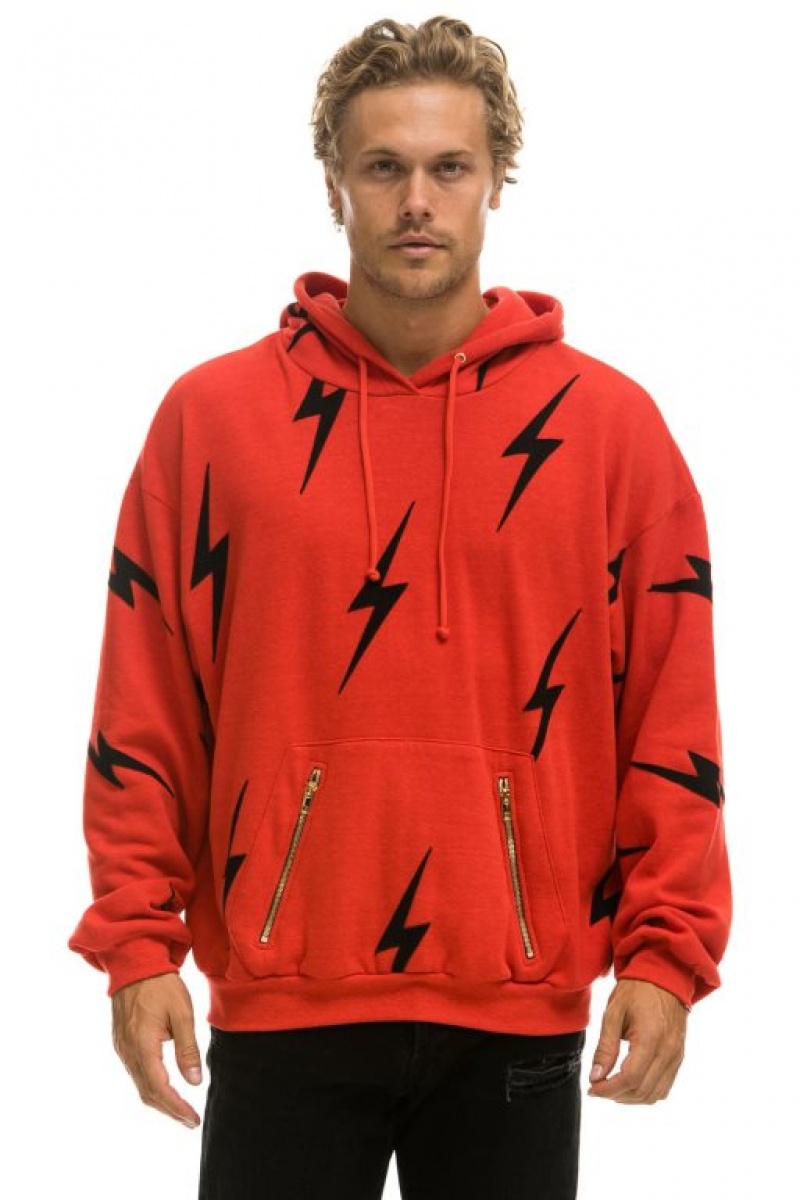 Sudadera con Capucha Aviator Nation Bolt Stitch Repeat Relaxed Pullover With Pocket Zippers Hombre Red | 63VUXEWDM