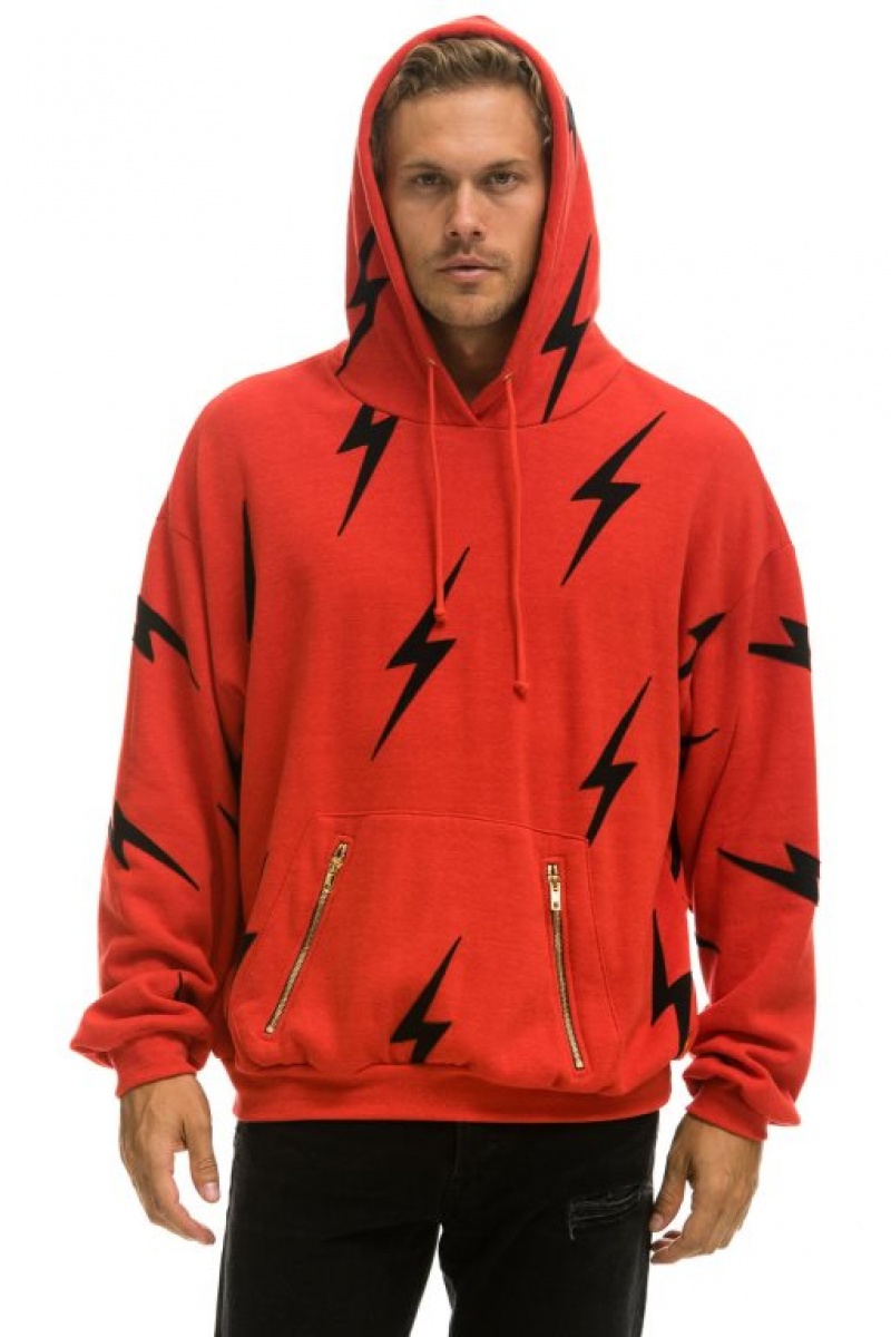 Sudadera con Capucha Aviator Nation Bolt Stitch Repeat Relaxed Pullover With Pocket Zippers Hombre Red | 63VUXEWDM