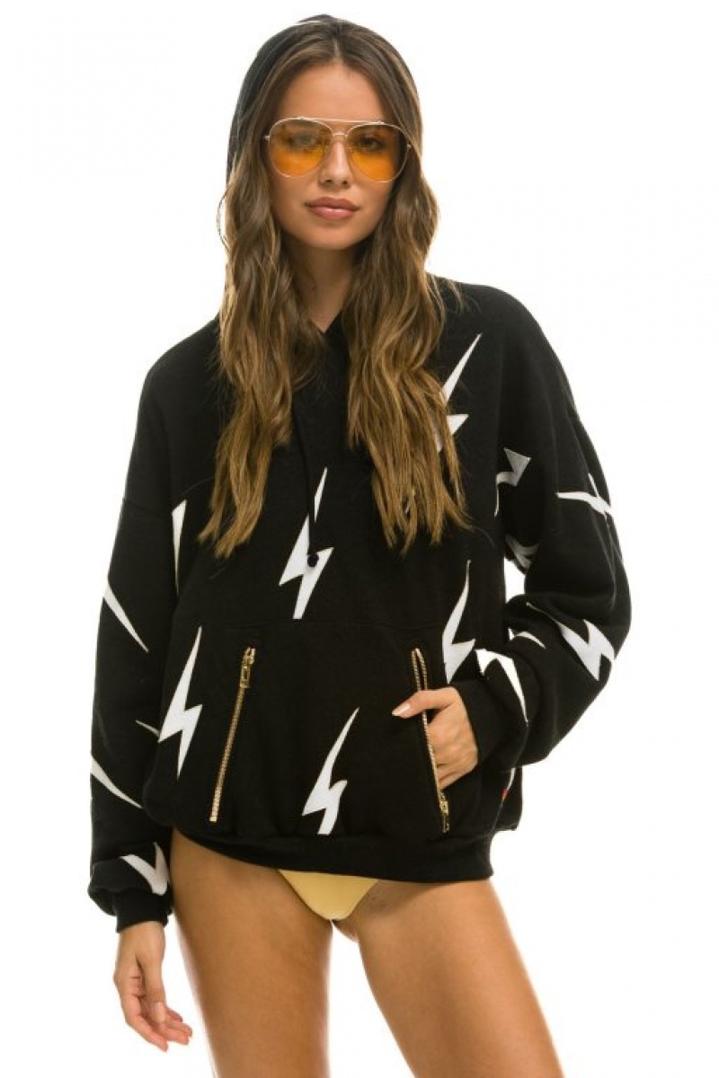 Sudadera con Capucha Aviator Nation Bolt Stitch Repeat Relaxed Pullover With Pocket Zippers Hombre Black | 63ZTBPCIK