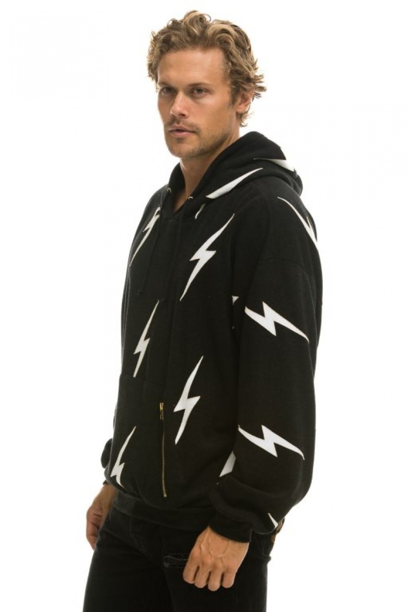 Sudadera con Capucha Aviator Nation Bolt Stitch Repeat Relaxed Pullover With Pocket Zippers Hombre Black | 63ZTBPCIK