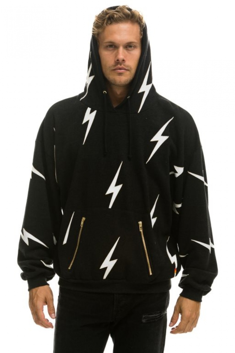 Sudadera con Capucha Aviator Nation Bolt Stitch Repeat Relaxed Pullover With Pocket Zippers Hombre Black | 63ZTBPCIK