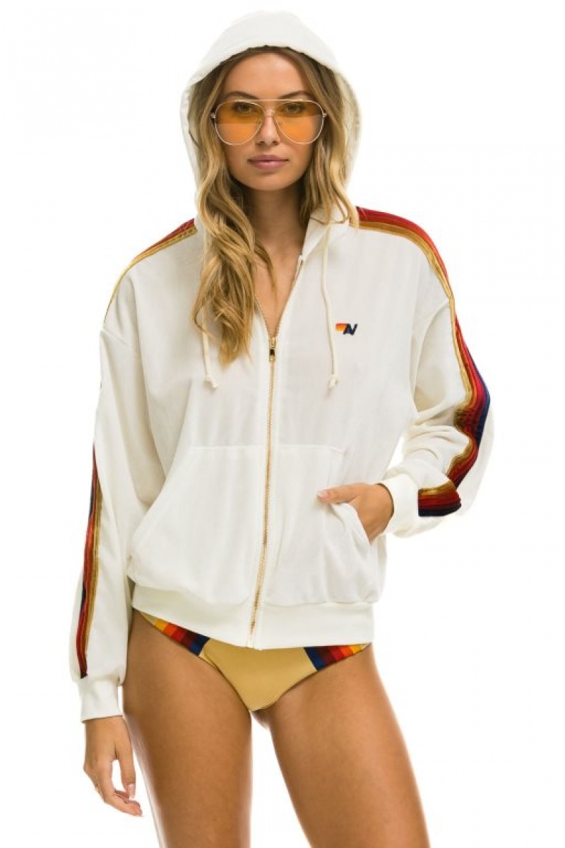 Sudadera con Capucha Aviator Nation Classic Velvet Relaxed Zip Hombre White | 59ZSXLUNJ