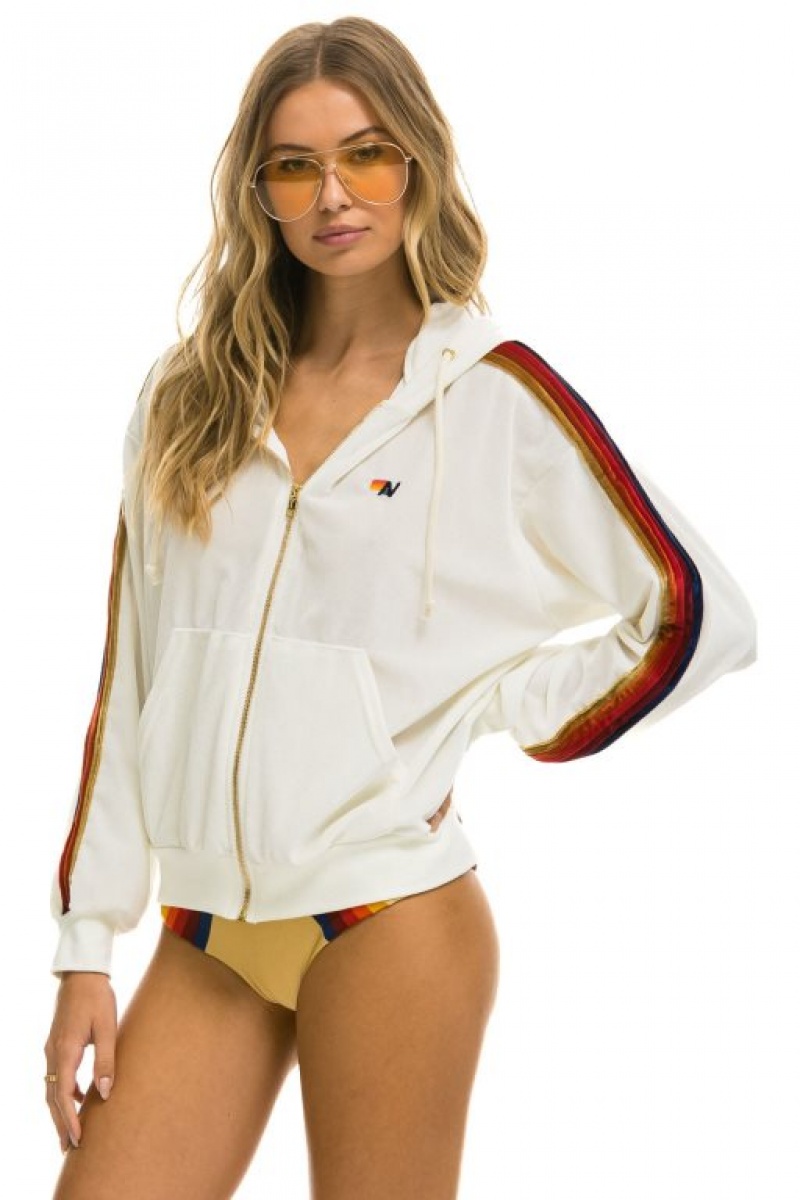 Sudadera con Capucha Aviator Nation Classic Velvet Relaxed Zip Hombre White | 59ZSXLUNJ