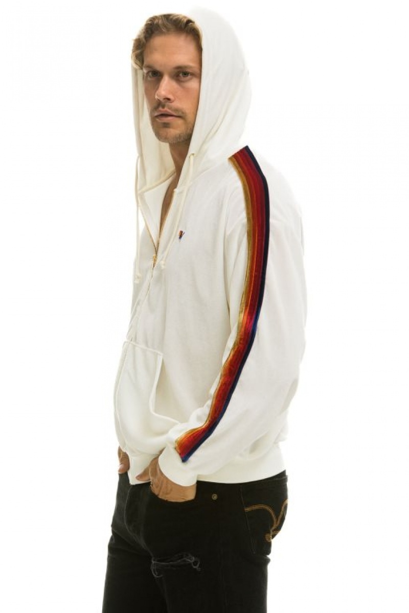 Sudadera con Capucha Aviator Nation Classic Velvet Relaxed Zip Hombre White | 59ZSXLUNJ