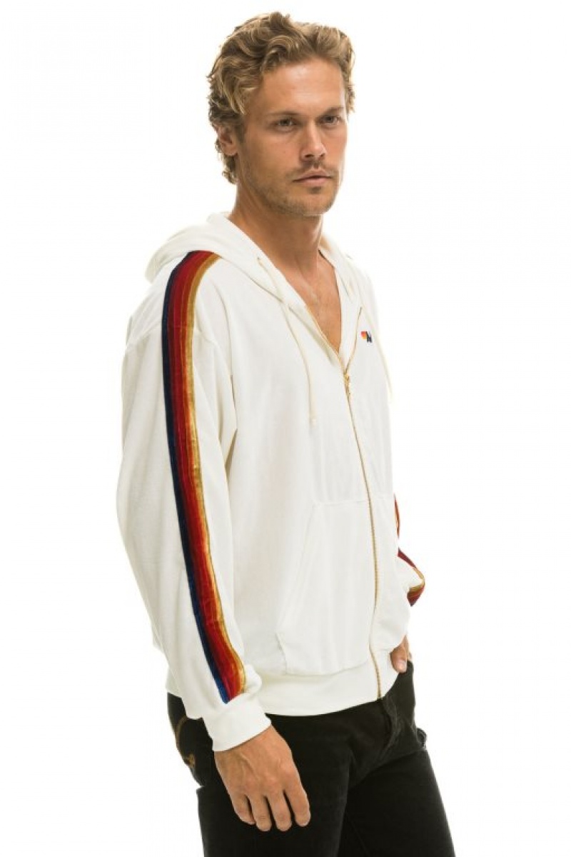 Sudadera con Capucha Aviator Nation Classic Velvet Relaxed Zip Hombre White | 59ZSXLUNJ
