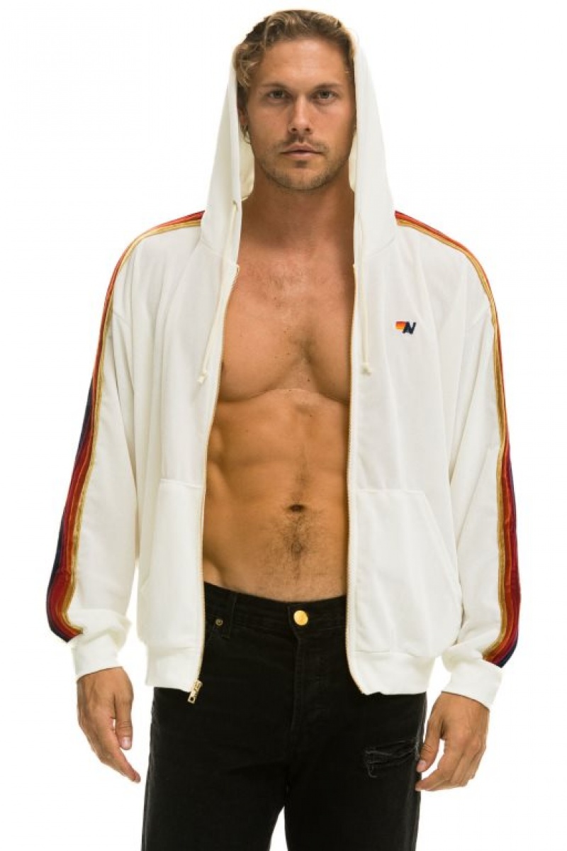 Sudadera con Capucha Aviator Nation Classic Velvet Relaxed Zip Hombre White | 59ZSXLUNJ