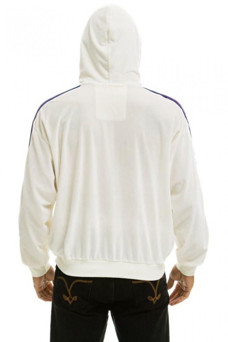 Sudadera con Capucha Aviator Nation Classic Velvet Relaxed Zip Hombre White | 59ZSXLUNJ