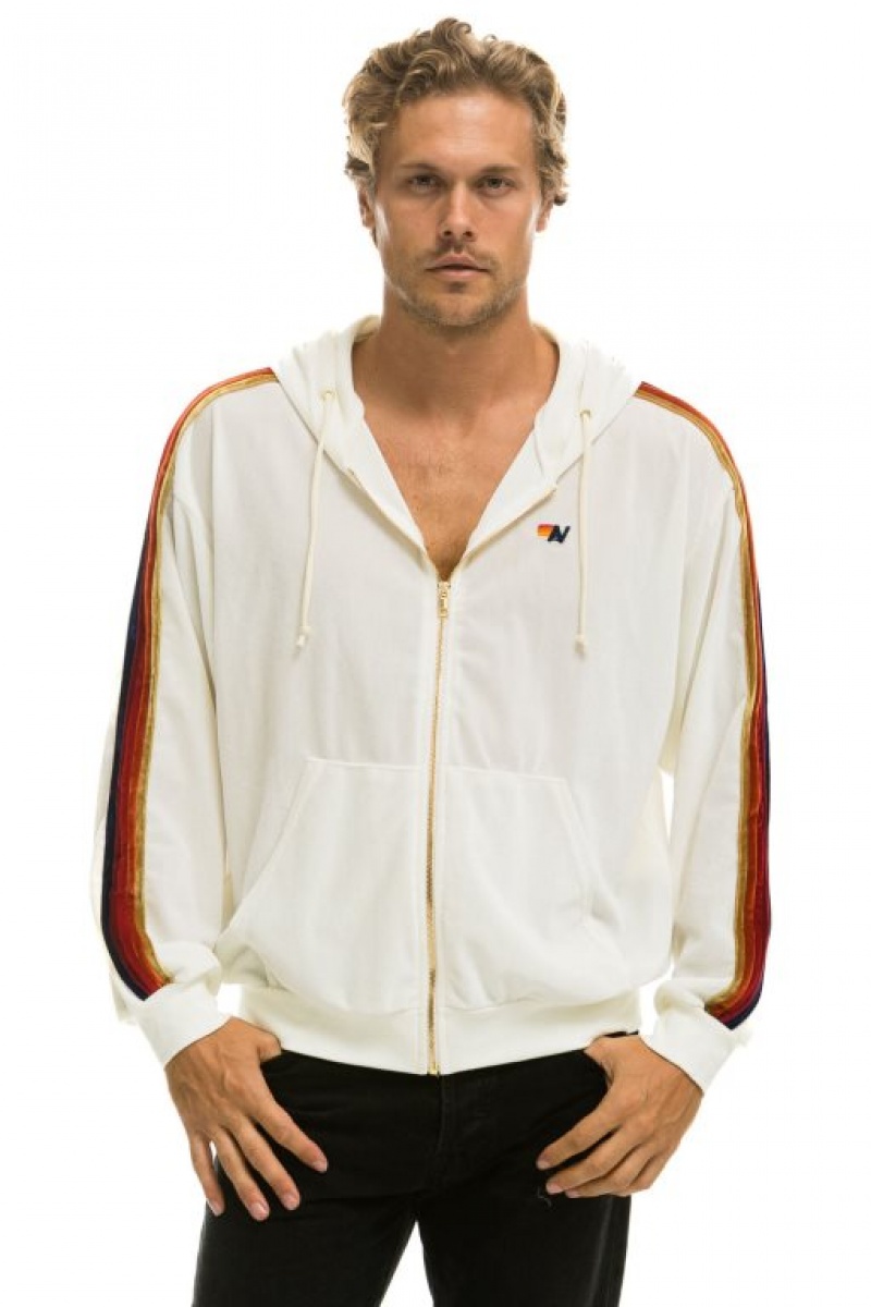 Sudadera con Capucha Aviator Nation Classic Velvet Relaxed Zip Hombre White | 59ZSXLUNJ