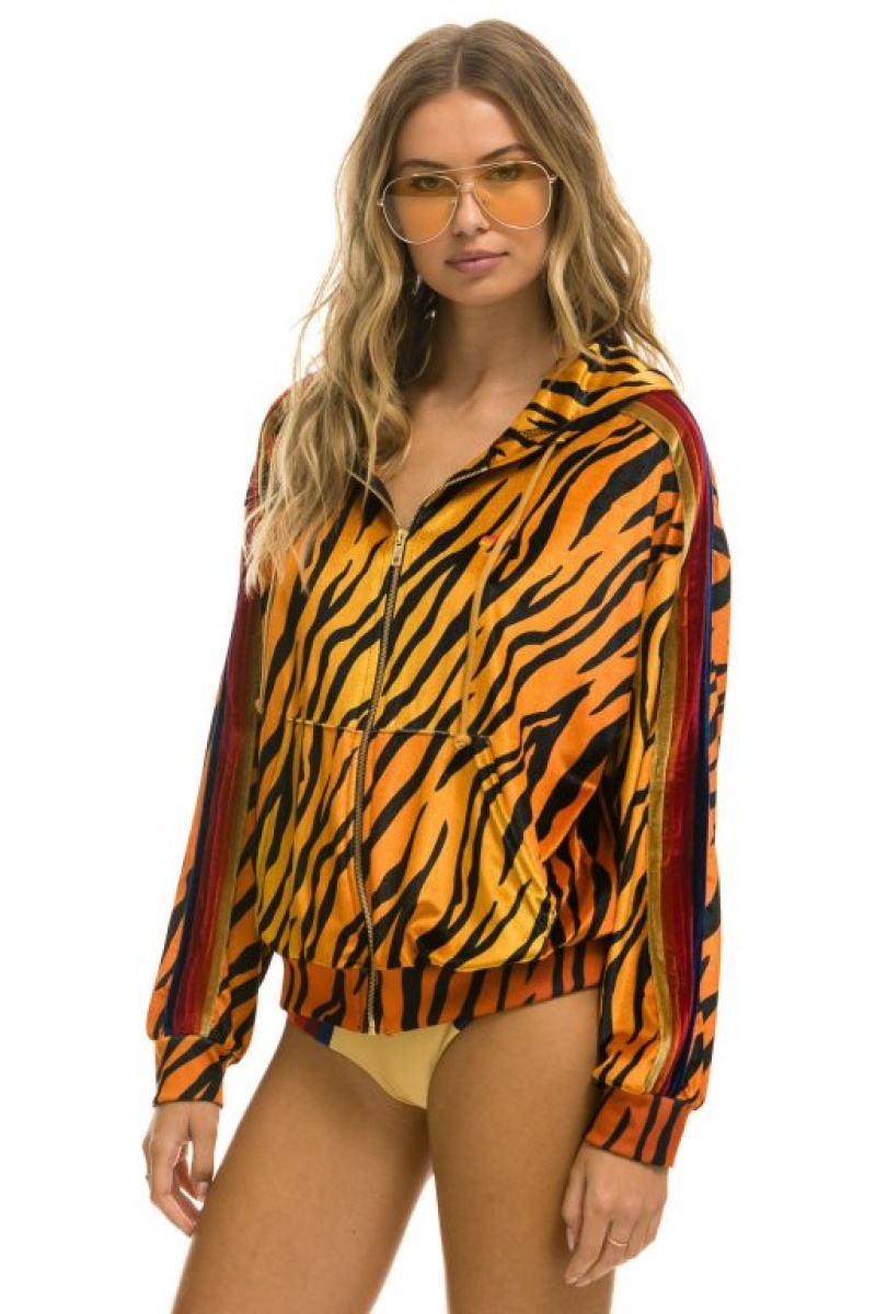 Sudadera con Capucha Aviator Nation Classic Velvet Relaxed Zip Hombre Tiger | 60AWOJBCN