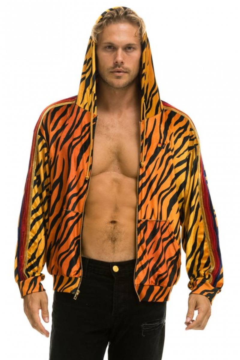 Sudadera con Capucha Aviator Nation Classic Velvet Relaxed Zip Hombre Tiger | 60AWOJBCN