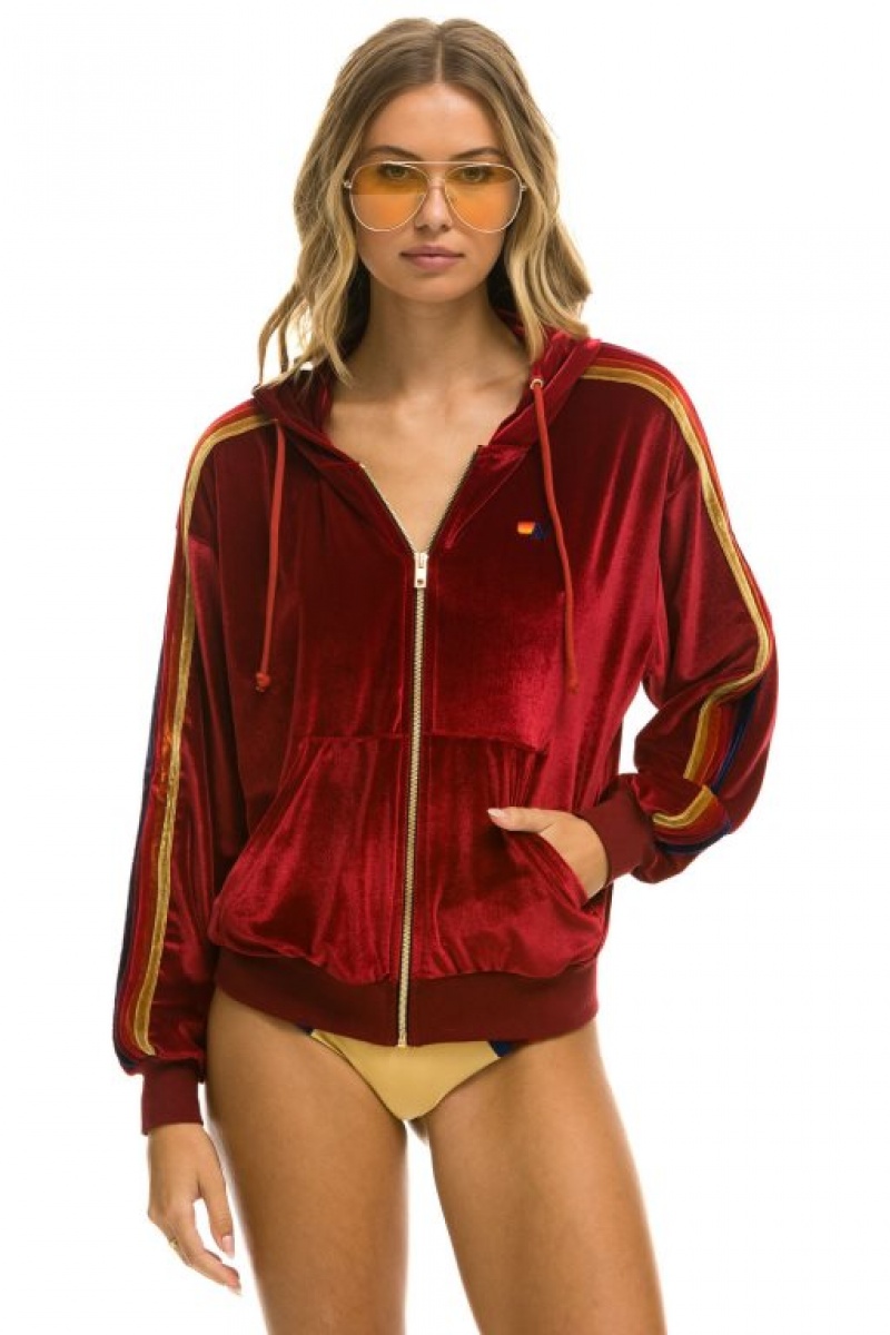 Sudadera con Capucha Aviator Nation Classic Velvet Relaxed Zip Hombre Red | 60CGOVQUE