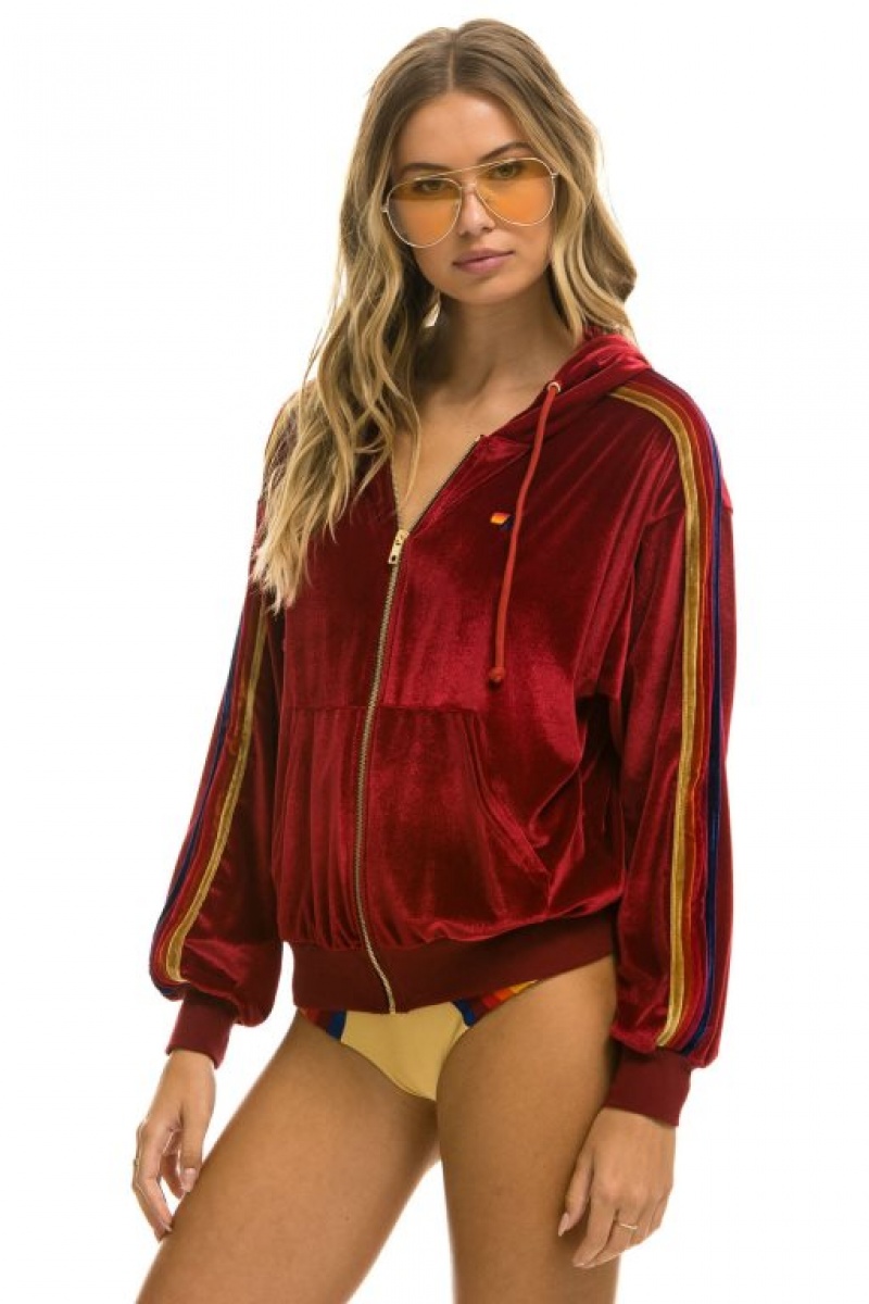 Sudadera con Capucha Aviator Nation Classic Velvet Relaxed Zip Hombre Red | 60CGOVQUE