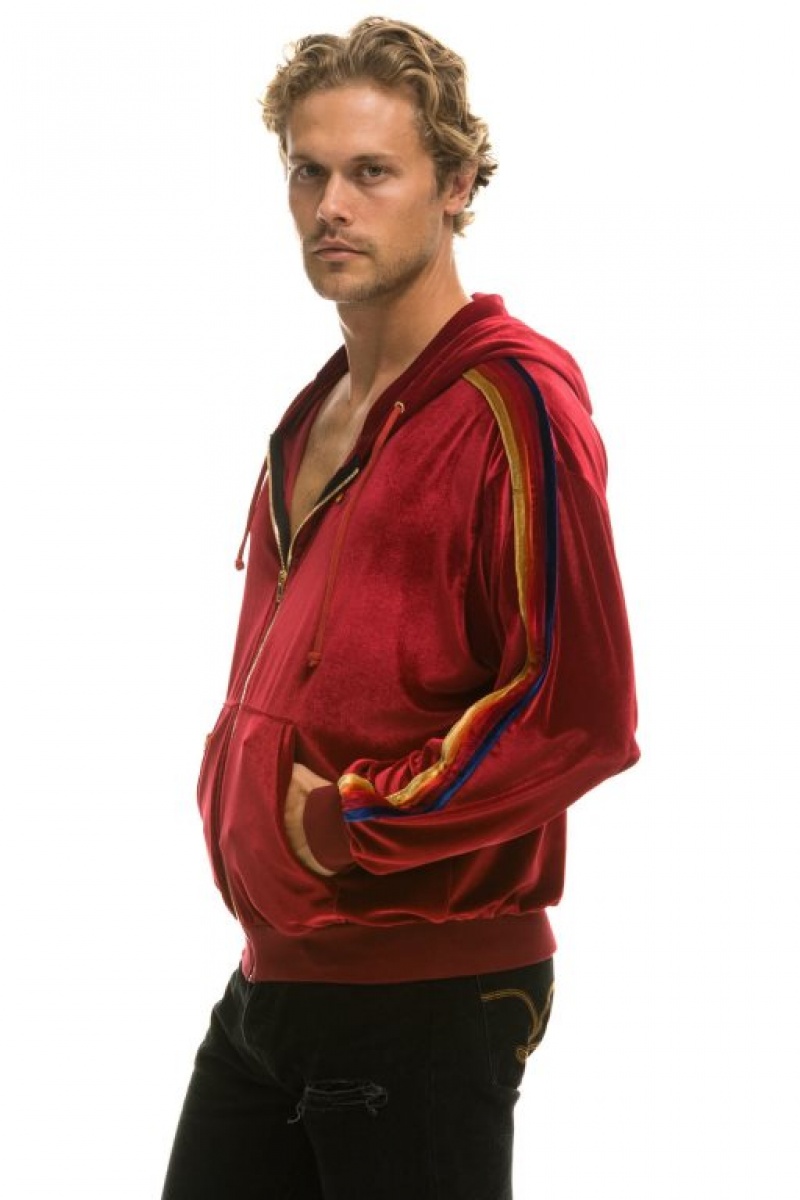 Sudadera con Capucha Aviator Nation Classic Velvet Relaxed Zip Hombre Red | 60CGOVQUE