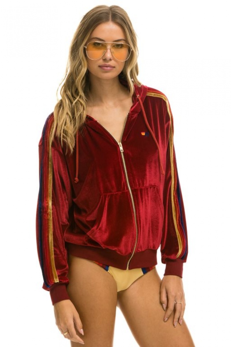 Sudadera con Capucha Aviator Nation Classic Velvet Relaxed Zip Hombre Red | 60CGOVQUE