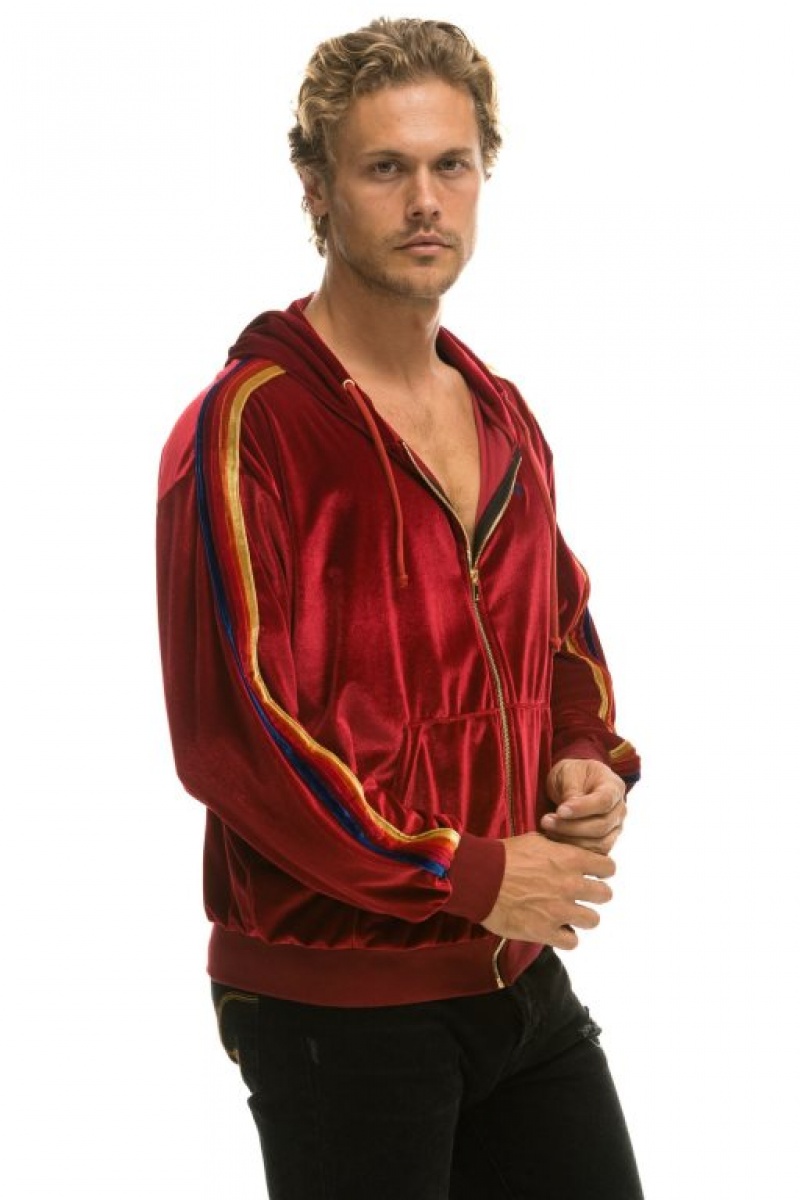 Sudadera con Capucha Aviator Nation Classic Velvet Relaxed Zip Hombre Red | 60CGOVQUE