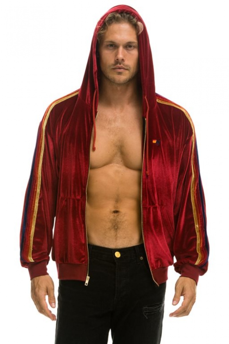 Sudadera con Capucha Aviator Nation Classic Velvet Relaxed Zip Hombre Red | 60CGOVQUE