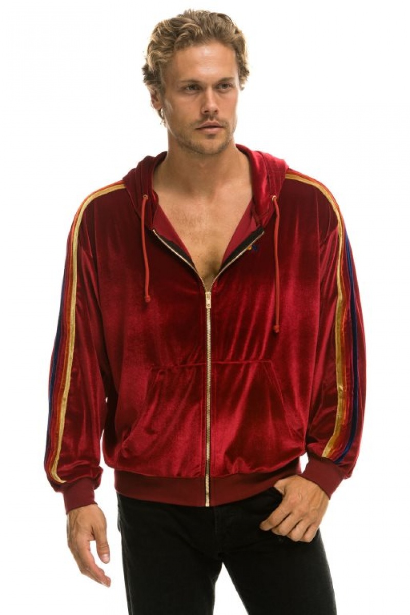Sudadera con Capucha Aviator Nation Classic Velvet Relaxed Zip Hombre Red | 60CGOVQUE