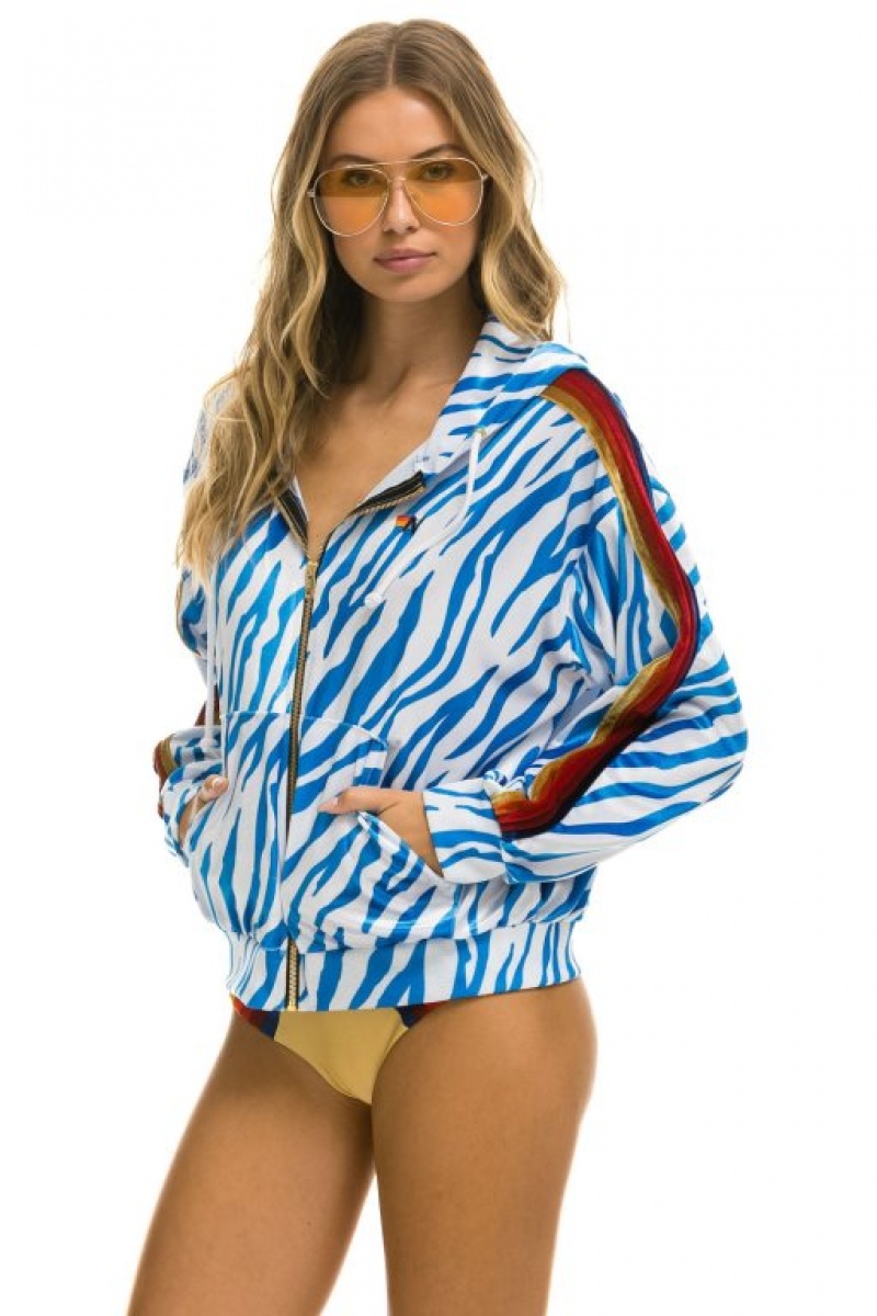 Sudadera con Capucha Aviator Nation Classic Velvet Relaxed Zip Hombre Blue | 60DKUPWRQ