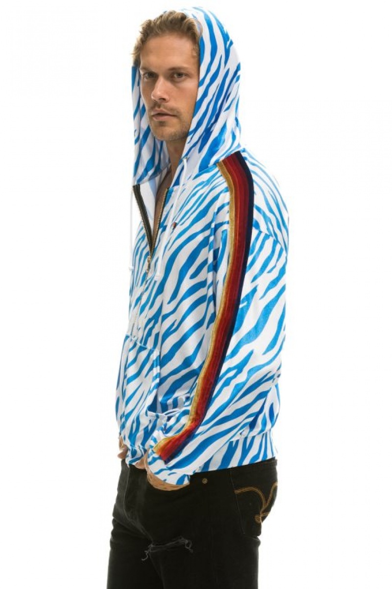 Sudadera con Capucha Aviator Nation Classic Velvet Relaxed Zip Hombre Blue | 60DKUPWRQ