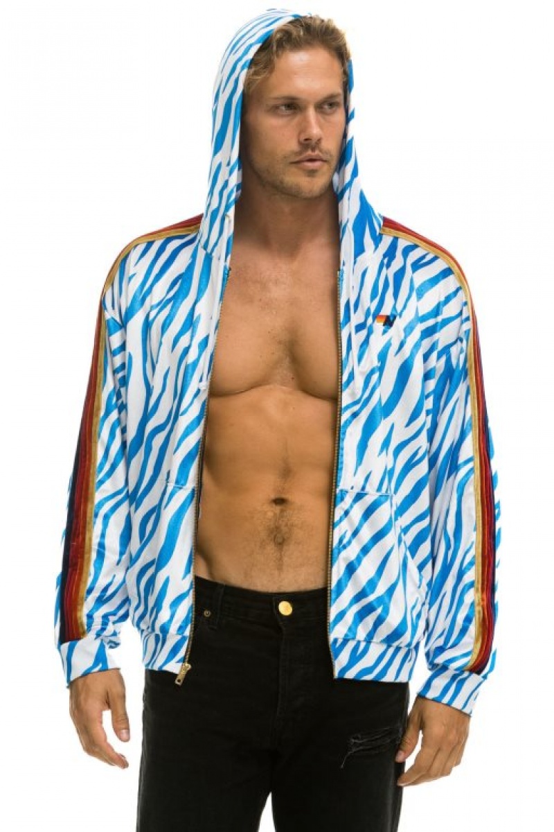 Sudadera con Capucha Aviator Nation Classic Velvet Relaxed Zip Hombre Blue | 60DKUPWRQ