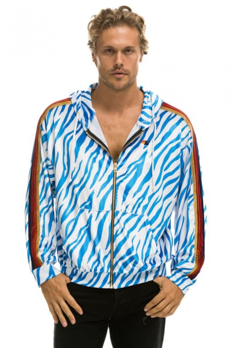 Sudadera con Capucha Aviator Nation Classic Velvet Relaxed Zip Hombre Blue | 60DKUPWRQ