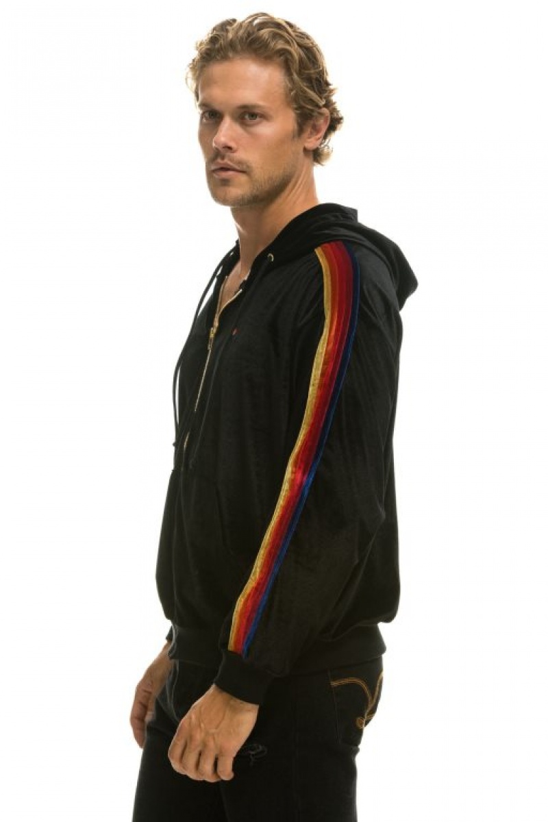 Sudadera con Capucha Aviator Nation Classic Velvet Relaxed Zip Hombre Black | 60DLHNQIM